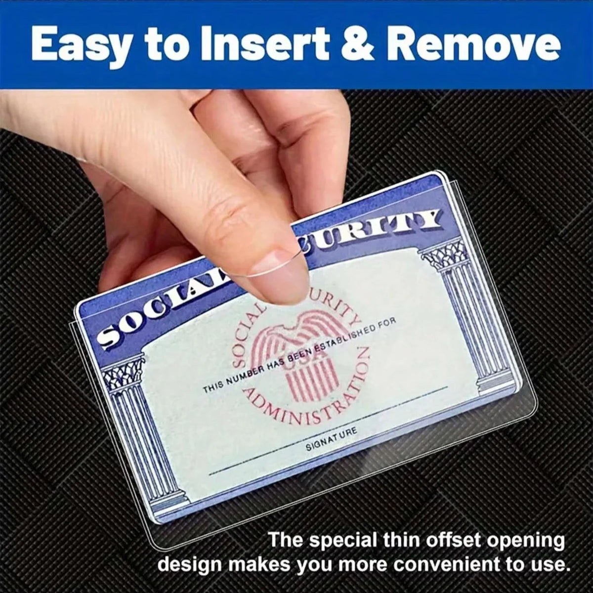 Close-up of a clear PVC sleeve holding a social security card