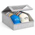 Transparent baseball cap storage box with hinged lid and side handles for 24 hats