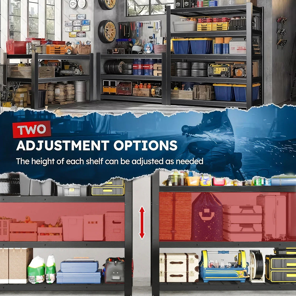Adjustable height feature illustration for heavy duty metal garage storage shelves