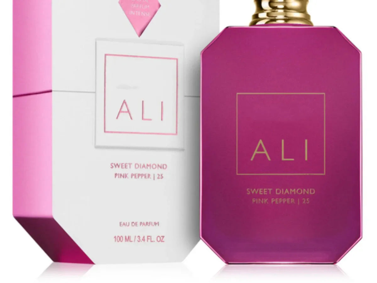 Close up of a pink perfume bottle and its matching octagonal packaging box