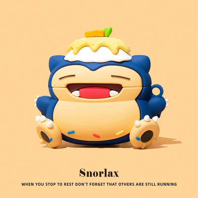 Blue and beige silicone earphone protective case shaped like a smiling creature with dessert on its head
