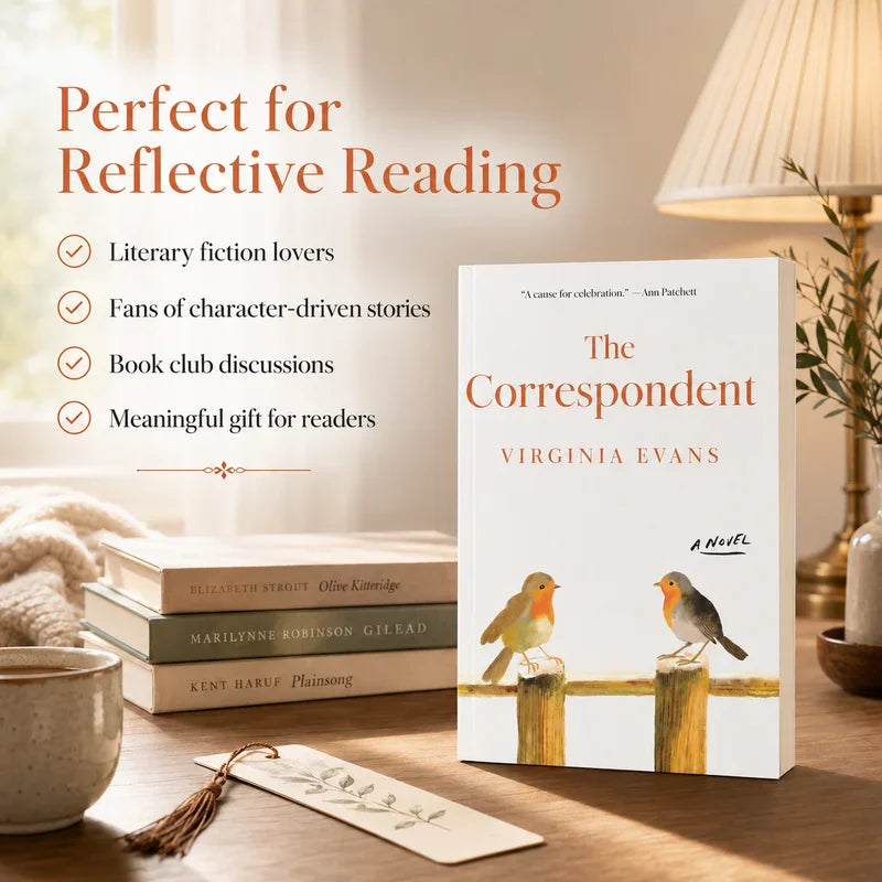 Hardcover book titled The Correspondent placed on a table with other books and a bookmark, featuring promotional text.