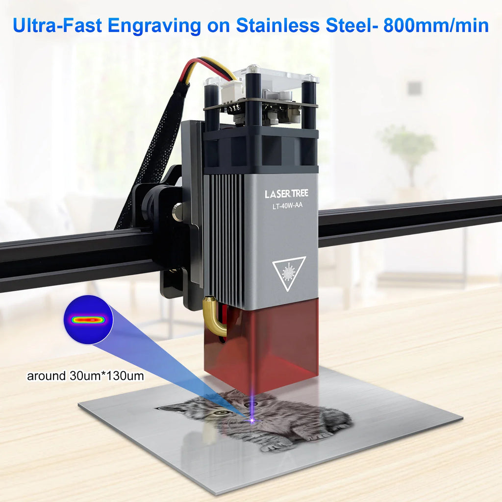 Laser engraving module etching a kitten pattern on stainless steel plate
