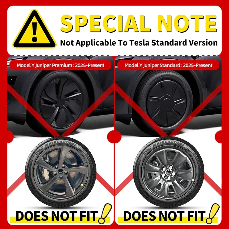 Comparison showing wheel cover fitment with red cross marks and warning text