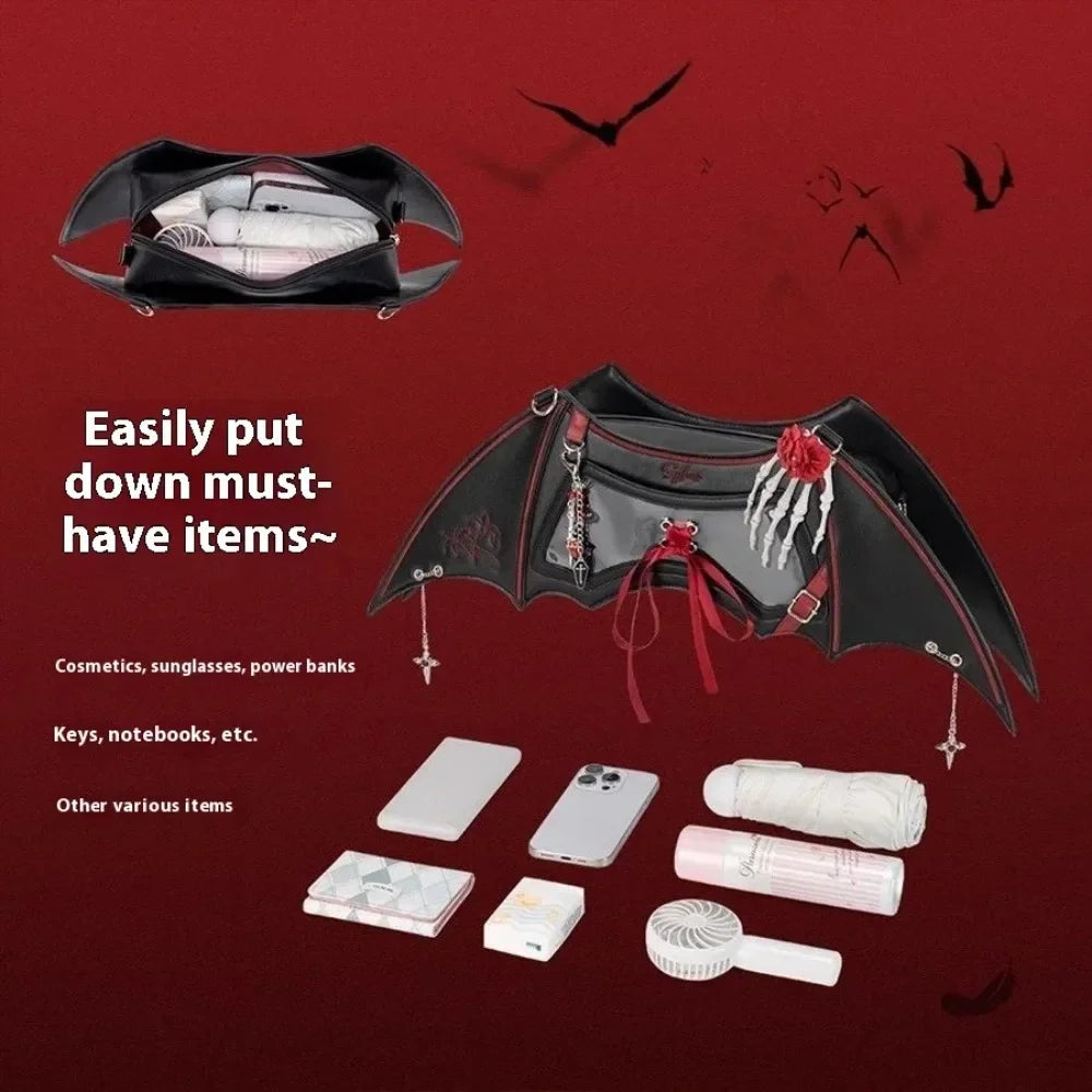 Interior view of a red and black gothic ita bag with organized daily items.