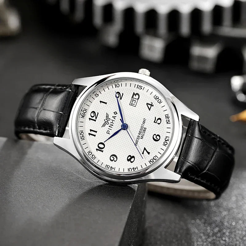 Men's analog quartz watch with white textured dial and black leather strap