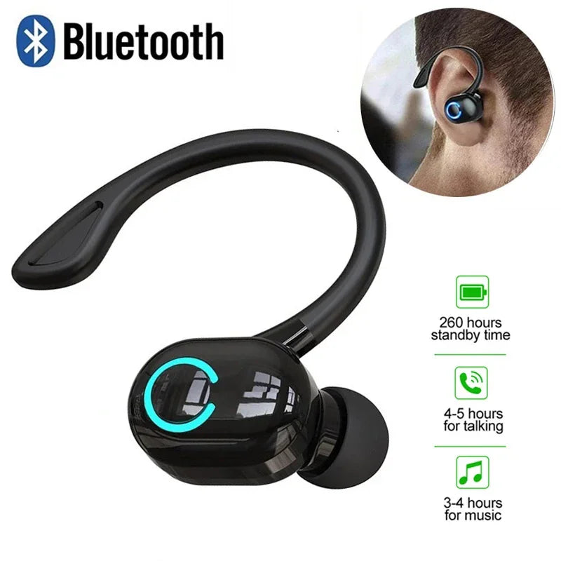 Single ear black Bluetooth wireless headset with ear hook and charging specifications