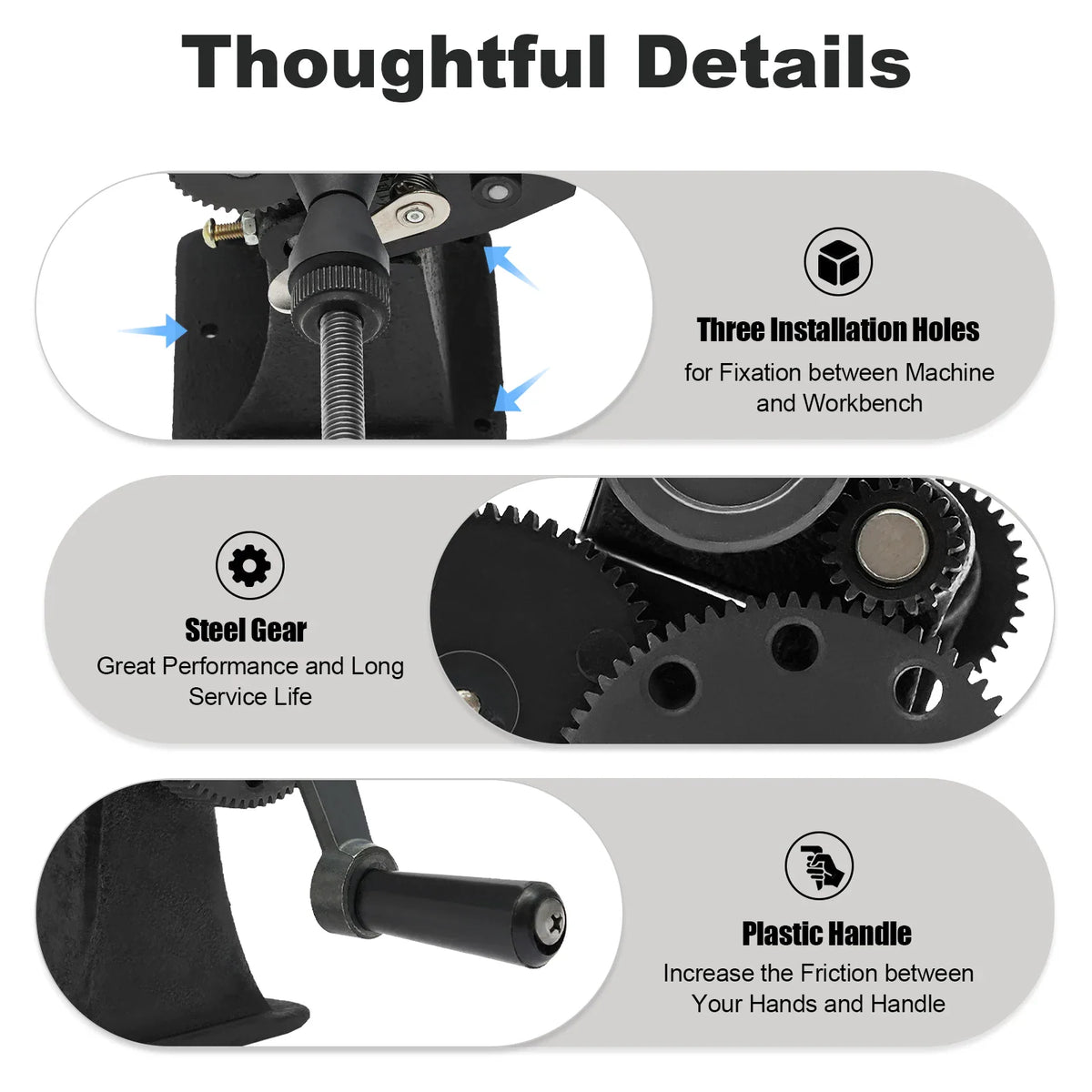 Close-up details of coil winding machine features including mounting holes and steel gears