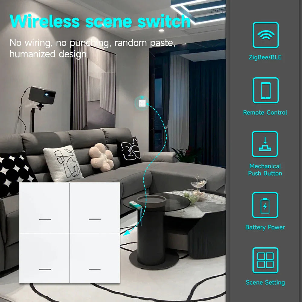 Wireless smart scene switch mounted on a living room wall, remote control concept.