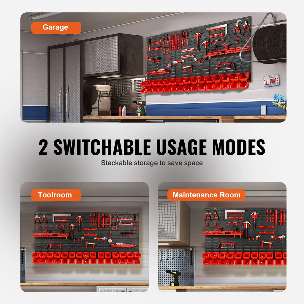 Wall-mounted tool storage system installed in different work environments like a garage or tool room