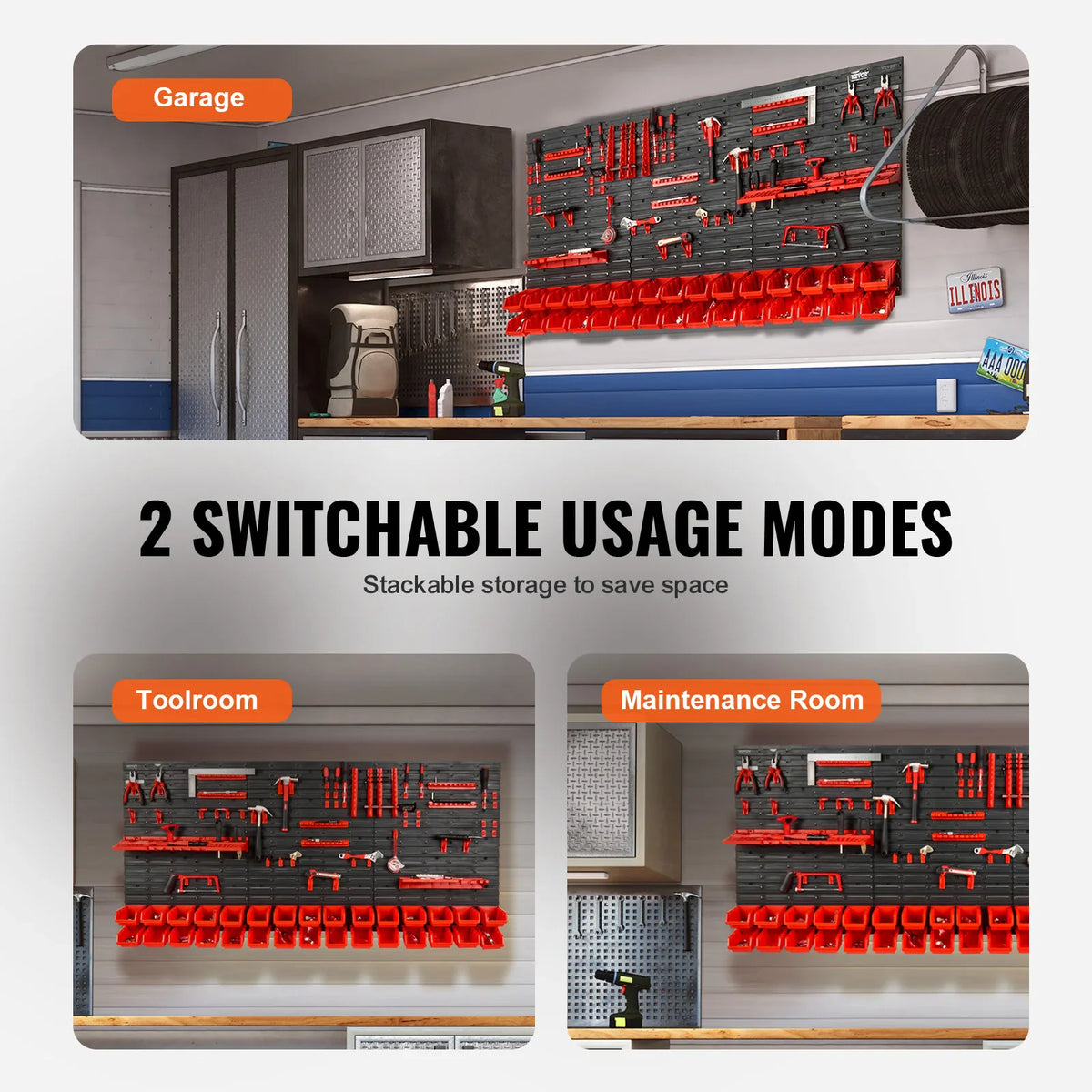 Wall-mounted tool storage system installed in different work environments like a garage or tool room