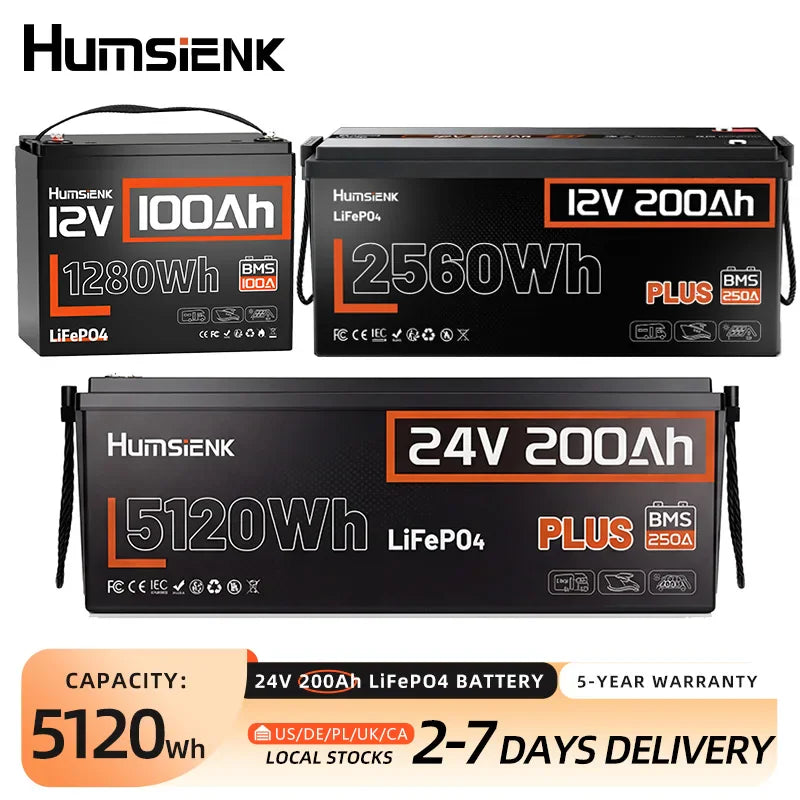Three different capacity lithium iron phosphate batteries with technical specifications.