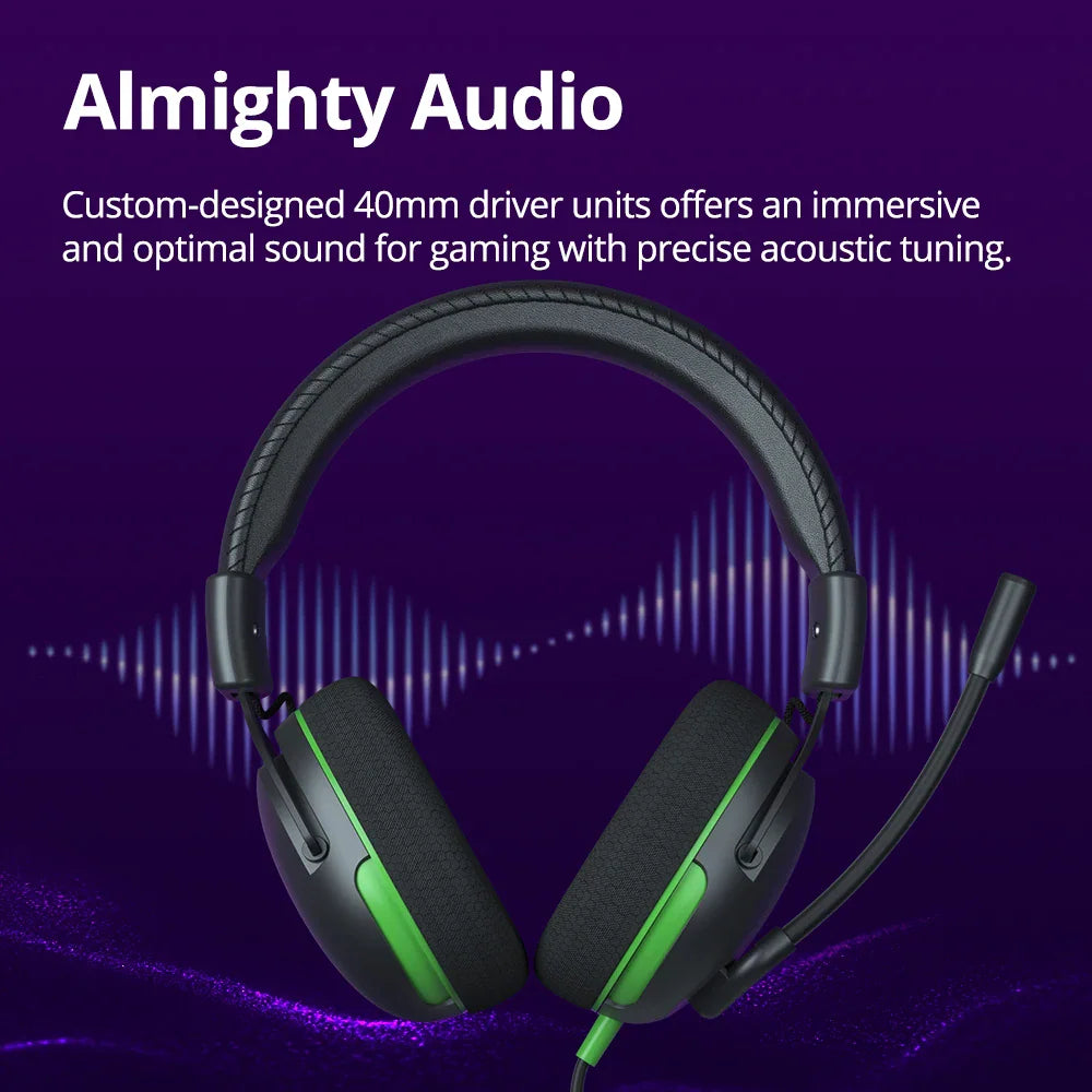 Over-the-ear wired gaming headset with microphone and audio wave background.
