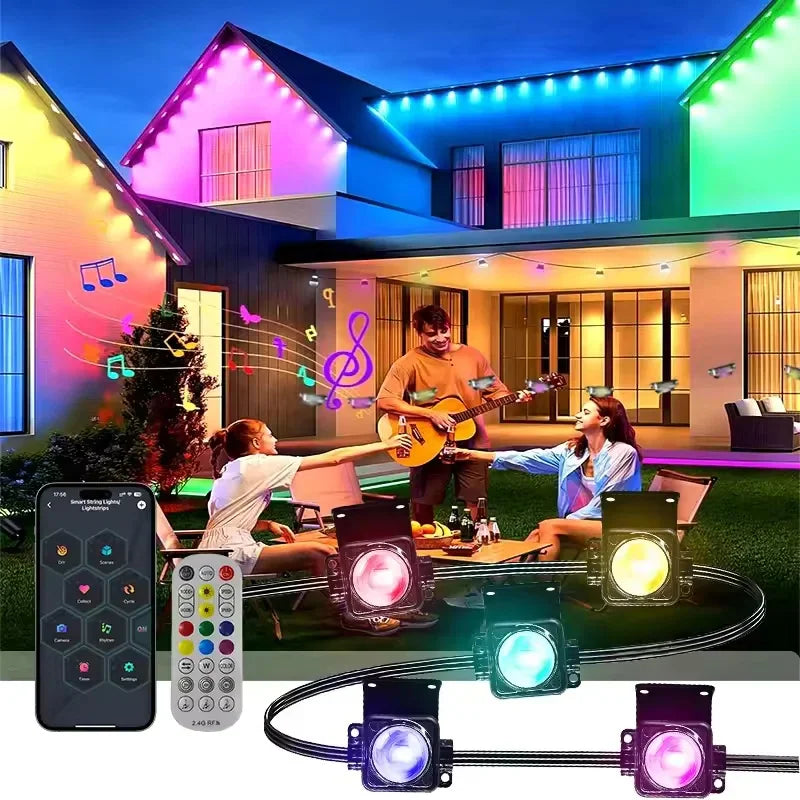 Smart outdoor RGBIC string lights installed on house eaves with music sync feature controlled via app and remote