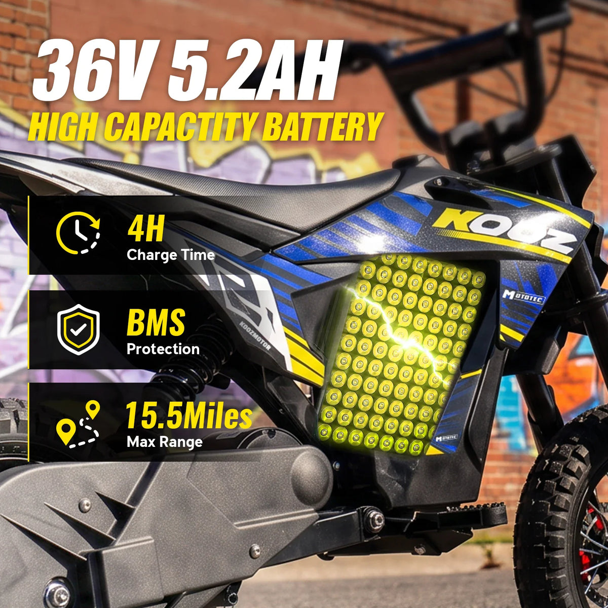 Close up of an electric dirt bike battery being charged with technical specifications overlaid.