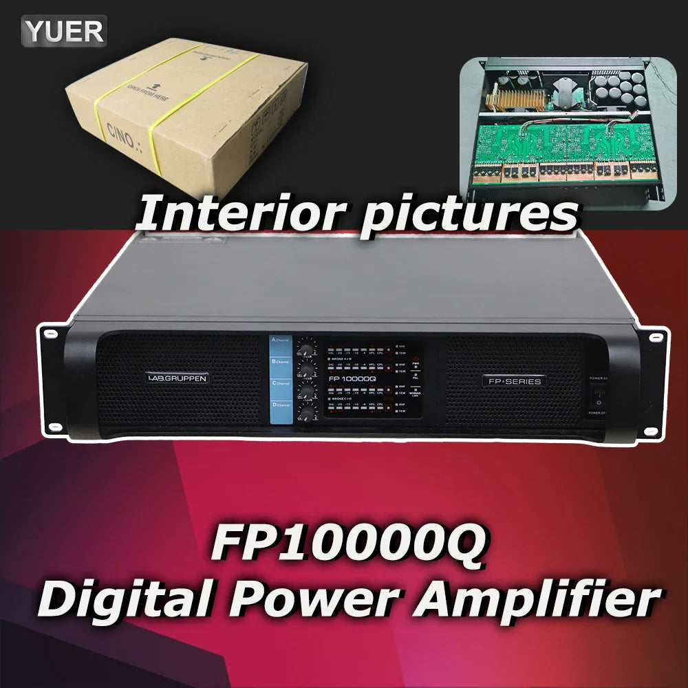 Front view of black 4-channel digital power amplifier with interior and packaging box views