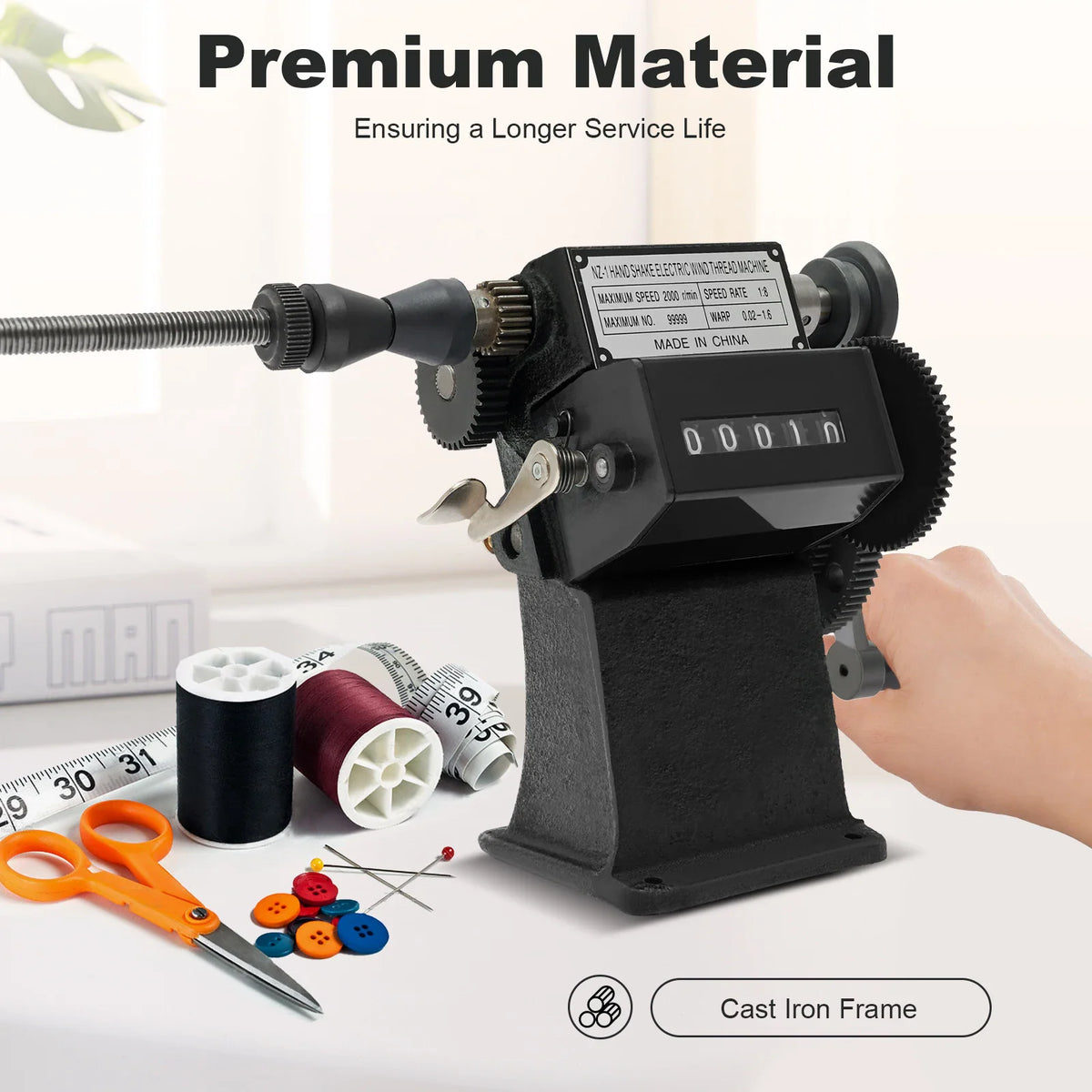 Hand crank coil winding machine for small wires with thread, tape measure and buttons