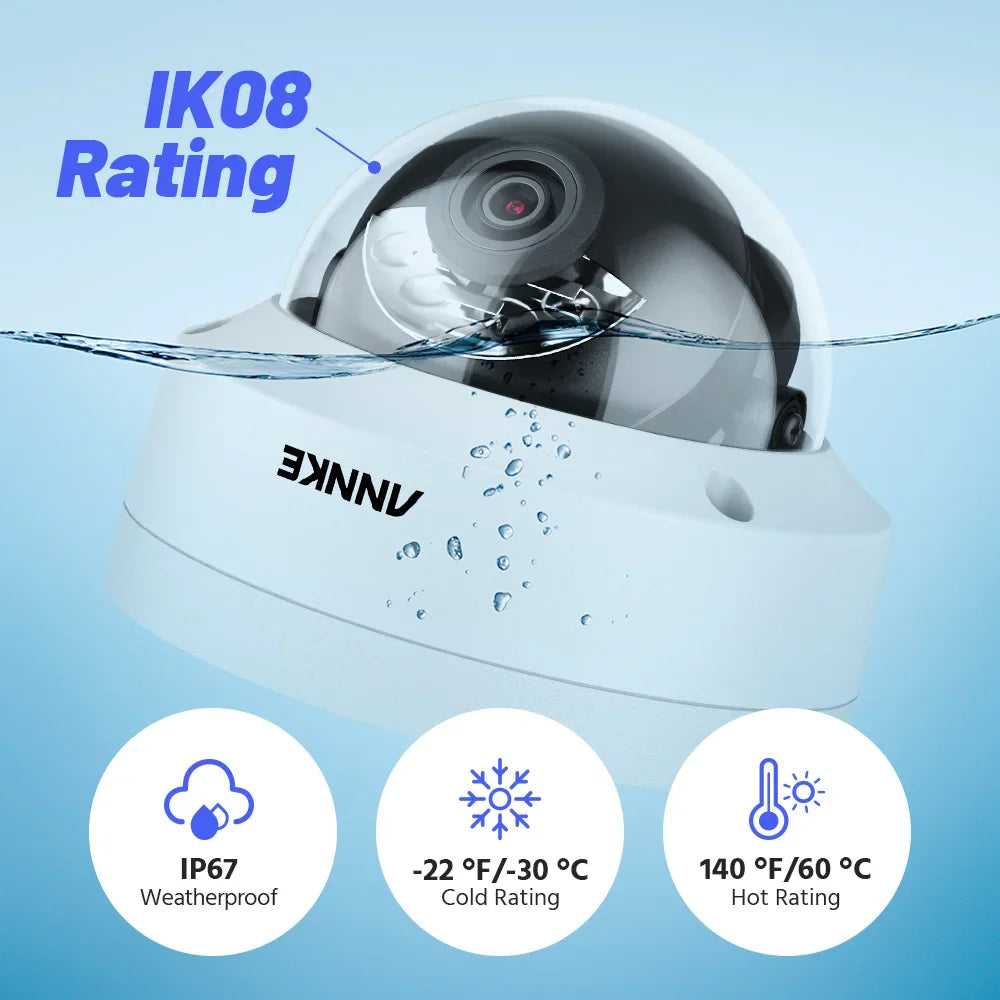 Dome security camera with water splash effect, indicating waterproof and temperature resistance ratings