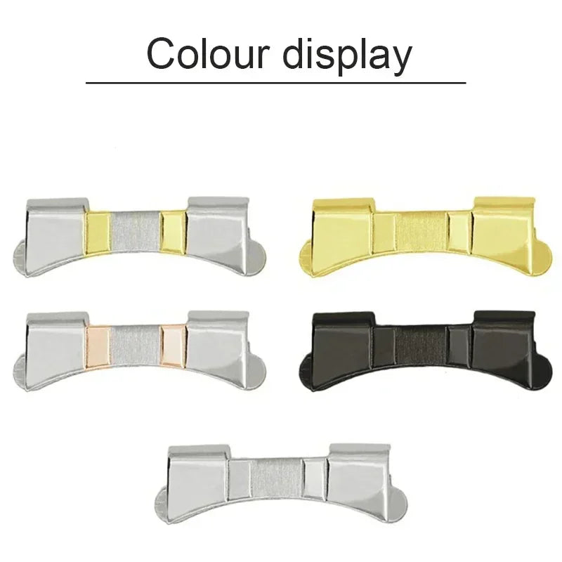 Collection of metal watch band end connectors in assorted colors including silver, gold, and black