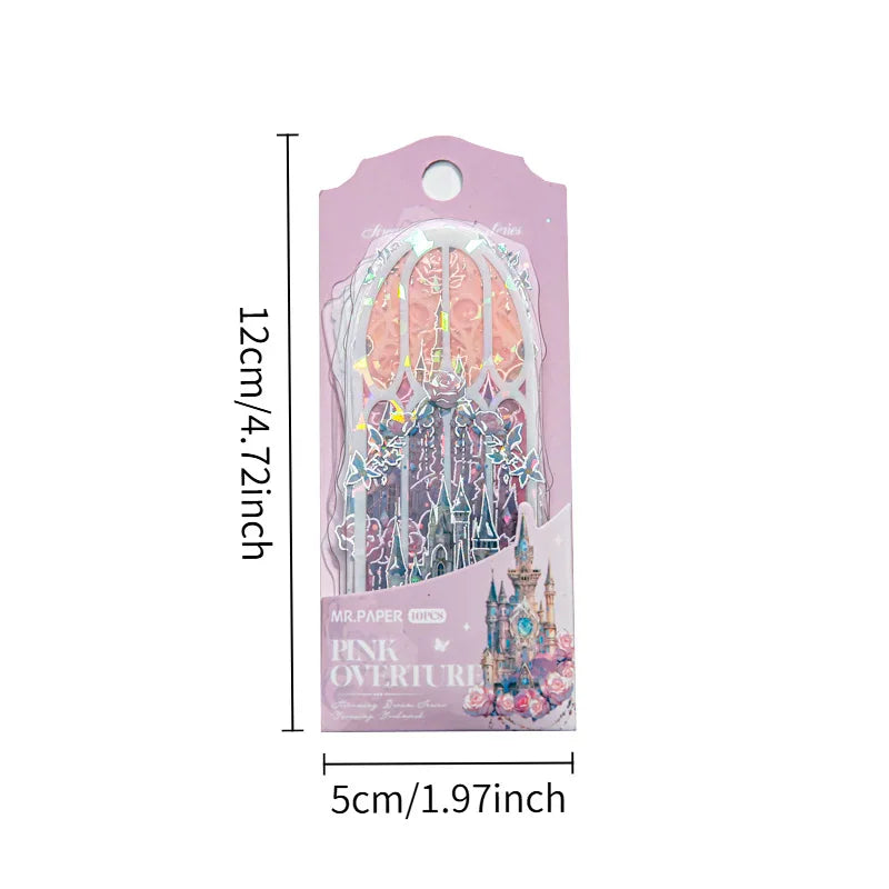 A packaged holographic bookmark set with dimensions shown in centimeters and inches.