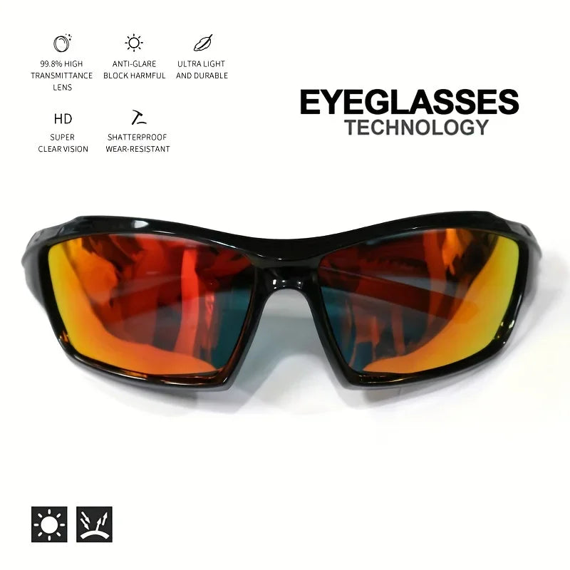 Red mirrored polarized sports sunglasses with technical text describing eyewear technology.