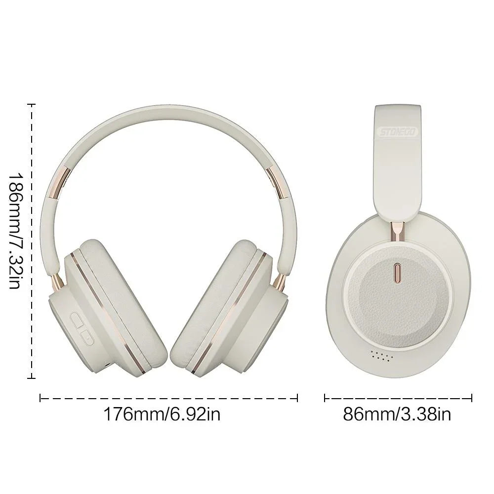 Diagram of beige wireless headphones with dimension lines and measurements in millimeters and inches