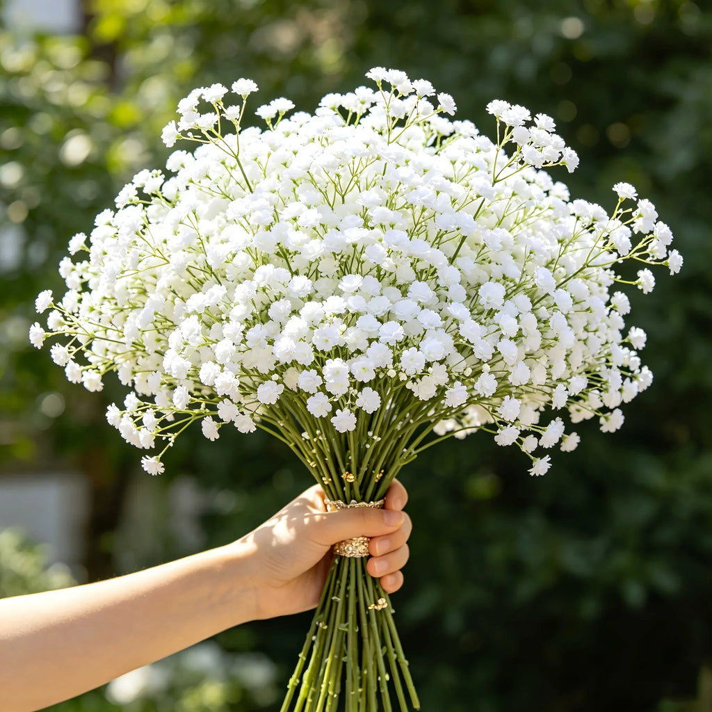 A hand holding a bunch of white baby's breath flowers with decorative gold binding.