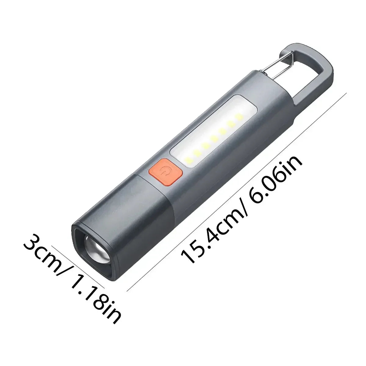 Grey handheld LED flashlight with length and width dimensions in centimeters and inches