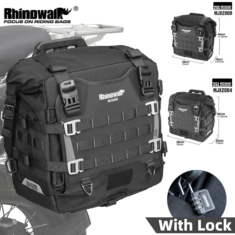 Black motorcycle side bag with MOLLE webbing and quick-release mechanism showing dimensions and locking feature