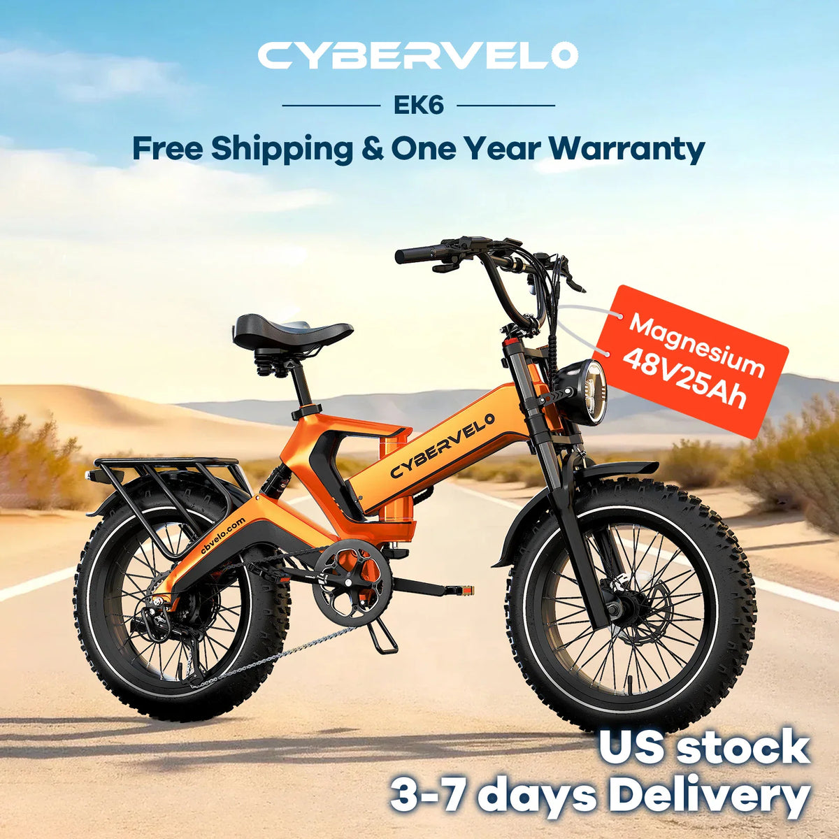 Orange folding electric bike with fat tires on a desert road