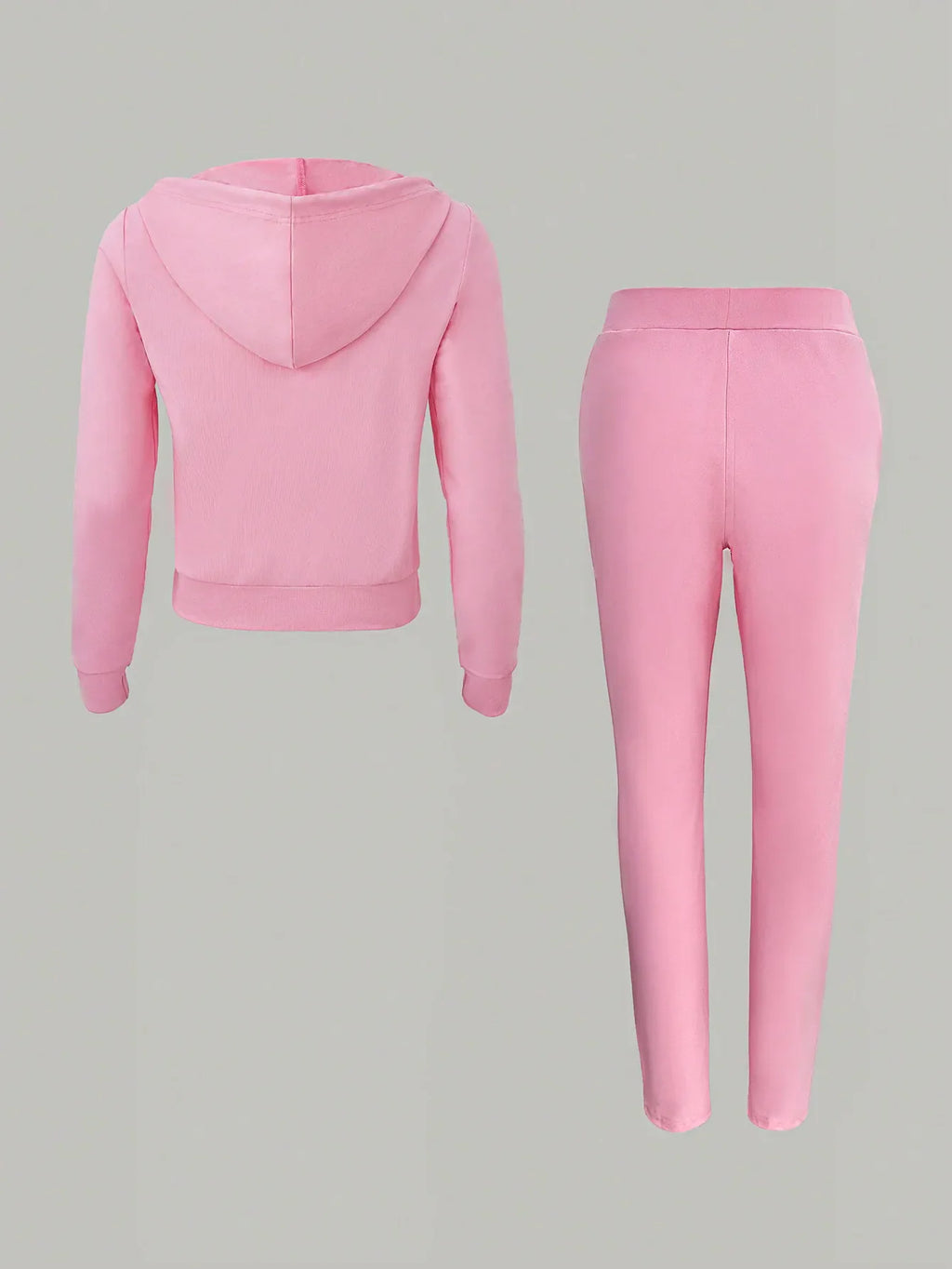 Back view of a pink two-piece zippered hoodie and sweatpants lounge set.