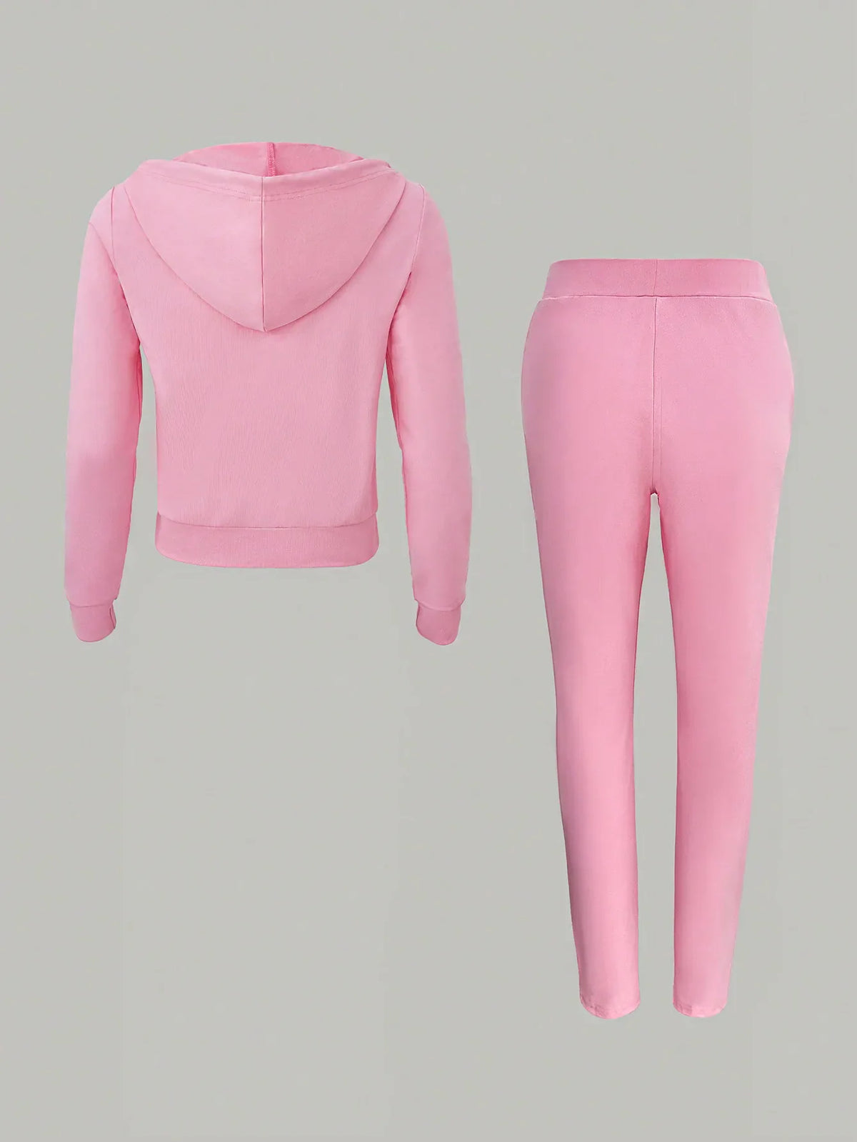 Back view of a pink two-piece zippered hoodie and sweatpants lounge set.