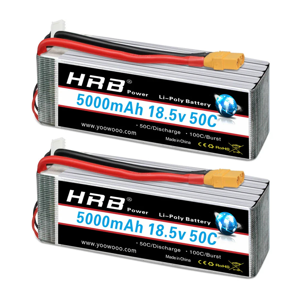 Two 5000mAh 18.5V 5S Li-poly RC batteries with XT90 connectors