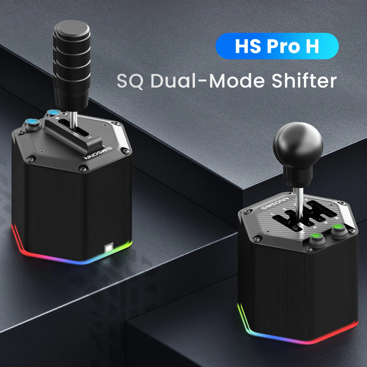 Dual-mode racing simulator gear shifter in black with RGB lighting at the base