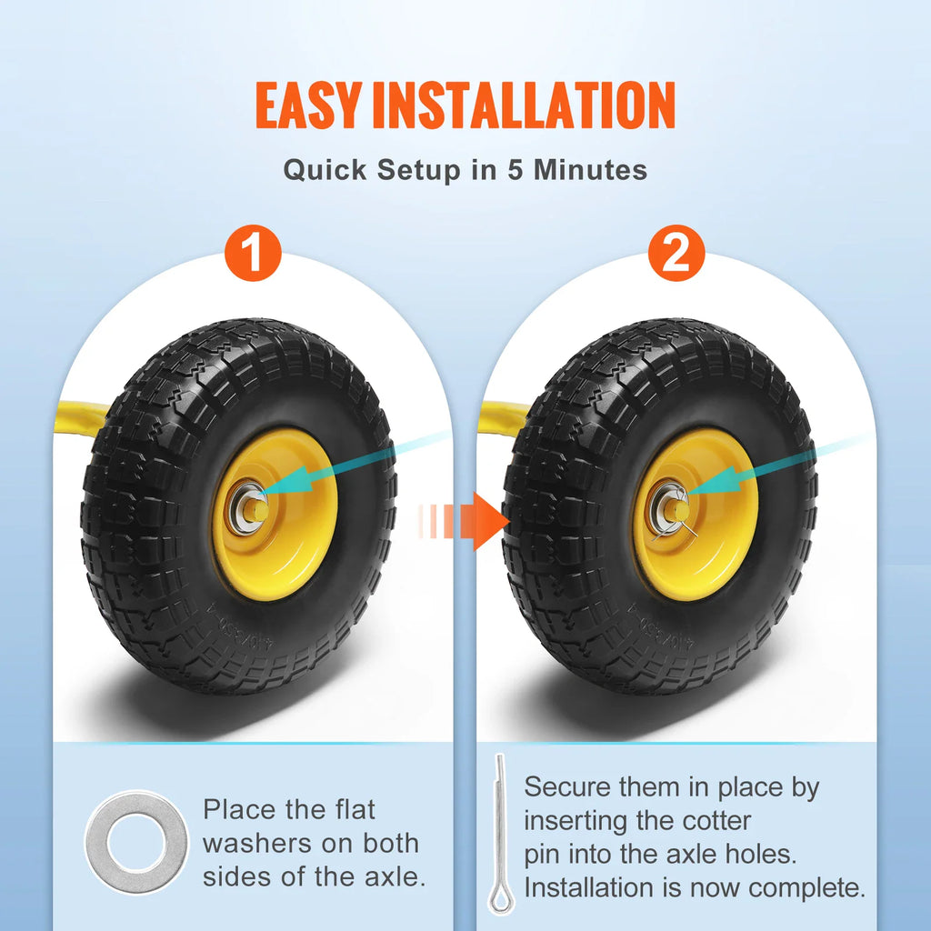 Step-by-step installation instructions for the solid PU wheels using washers and cotter pins
