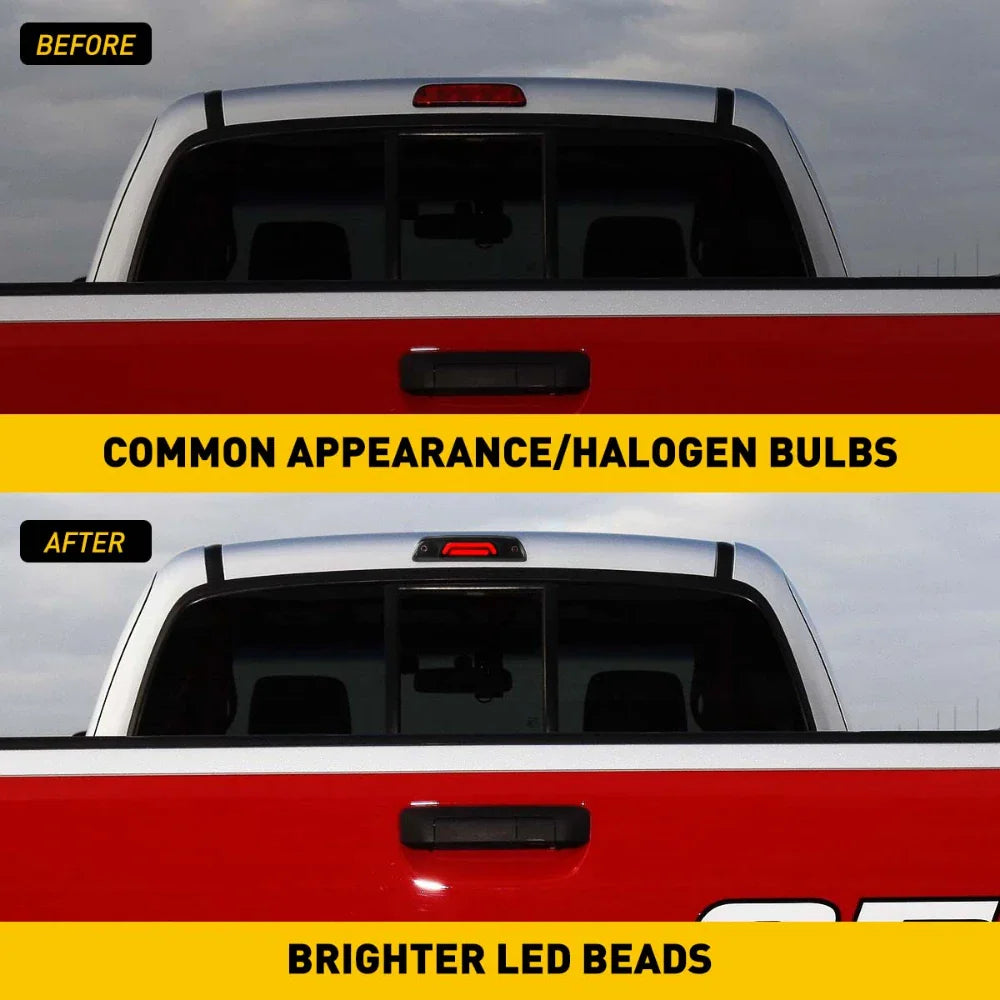 Comparison of standard halogen and brighter LED third brake light on truck cab
