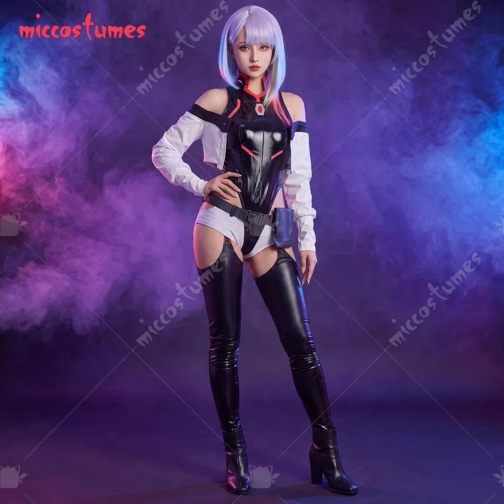 A woman in a cyberpunk-style black and white leotard and thigh-high boots costume.