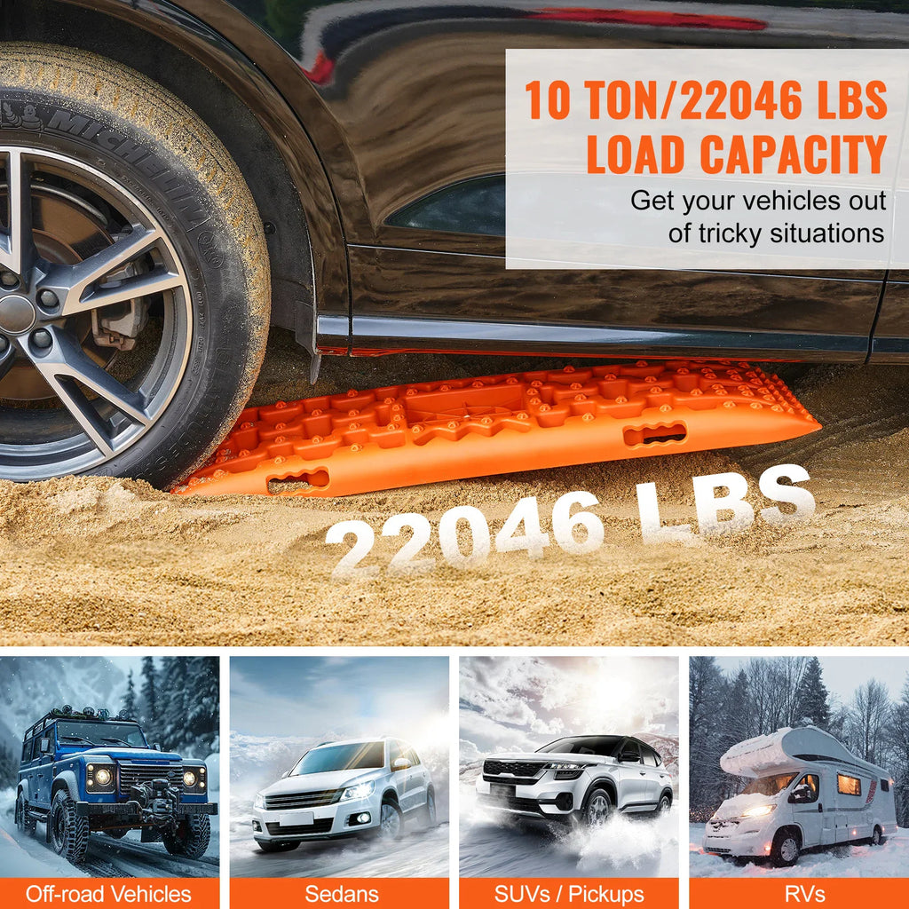 Orange traction boards under a vehicle tire on sand, showing high load capacity and various vehicle types.