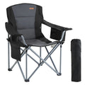Folding camping chair in grey and black with side storage pockets and matching carry bag