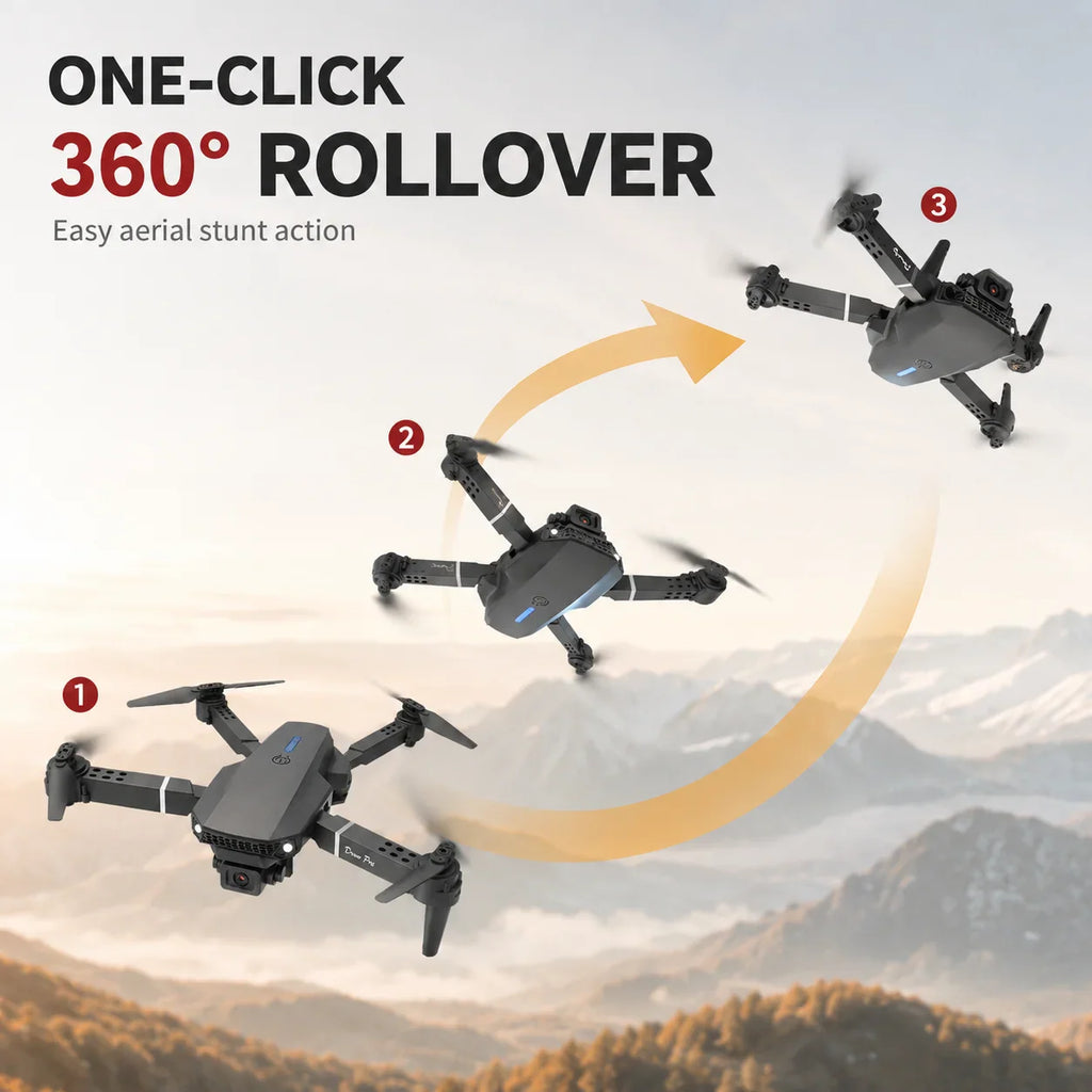 Diagram showing the 360-degree rollover maneuver of a foldable drone with numbered steps.