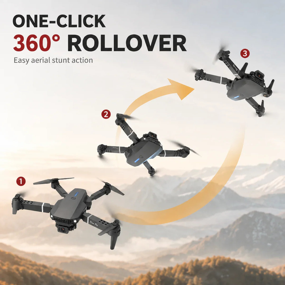 Diagram showing the 360-degree rollover maneuver of a foldable drone with numbered steps.