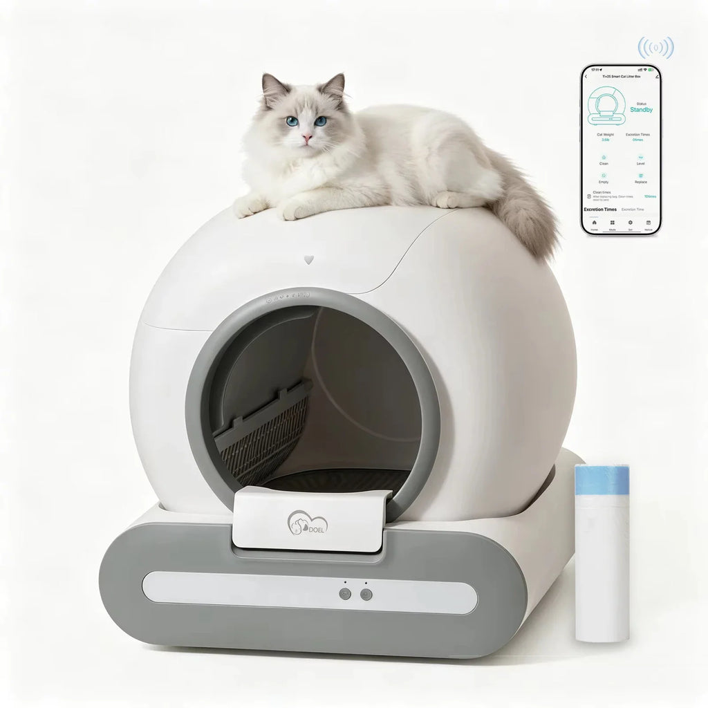 Smart self-cleaning cat litter box with a white cat on top and smartphone app control interface