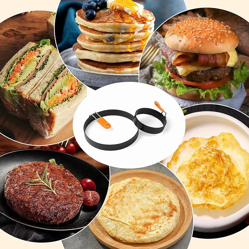Collage of different dishes prepared using stainless steel egg ring molds