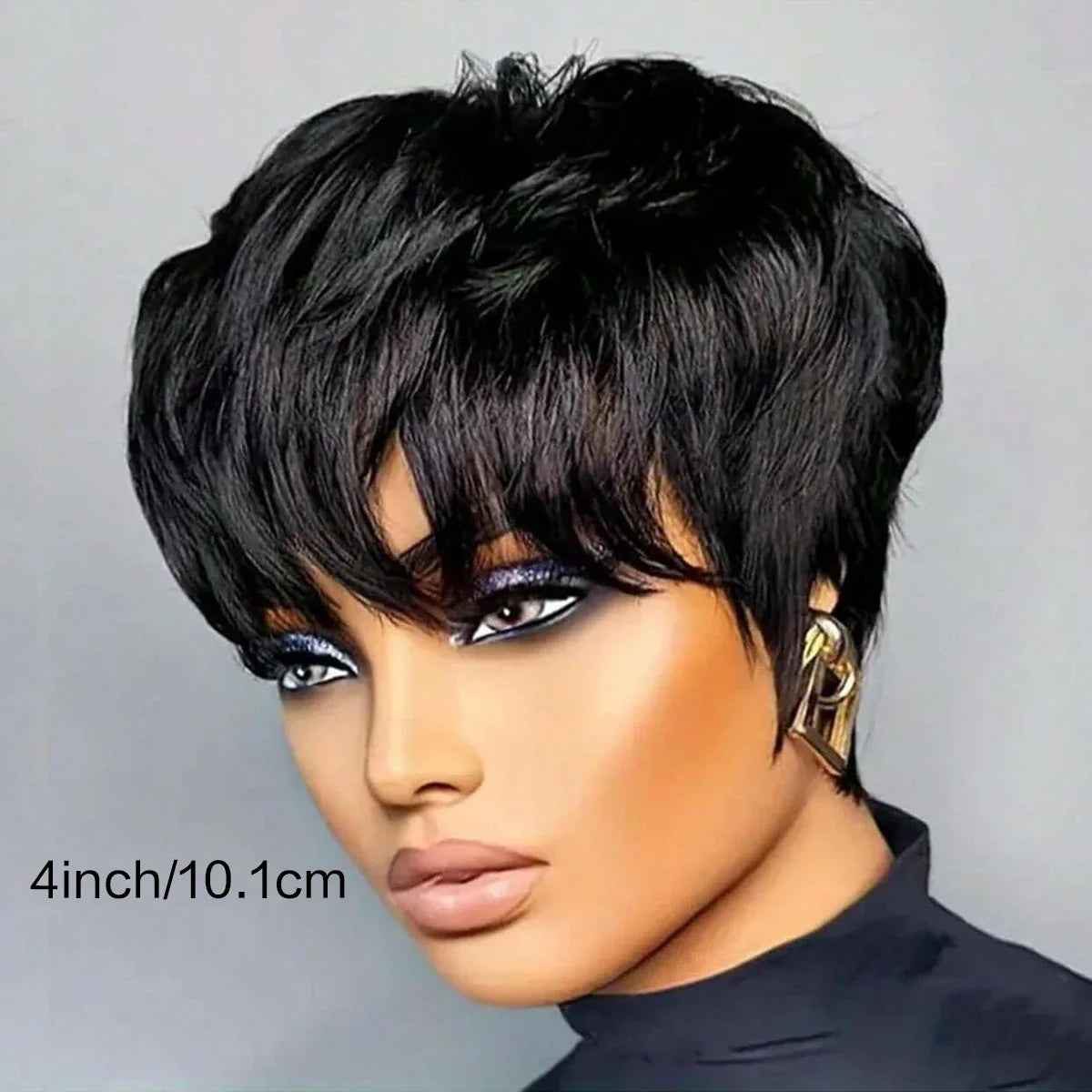 A woman with a short black pixie cut wig, with text indicating the hair length.