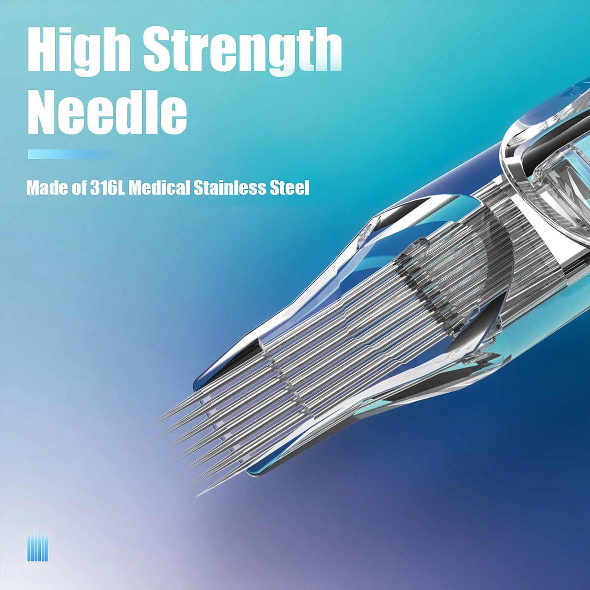 Close-up of a high strength stainless steel tattoo needle tip.