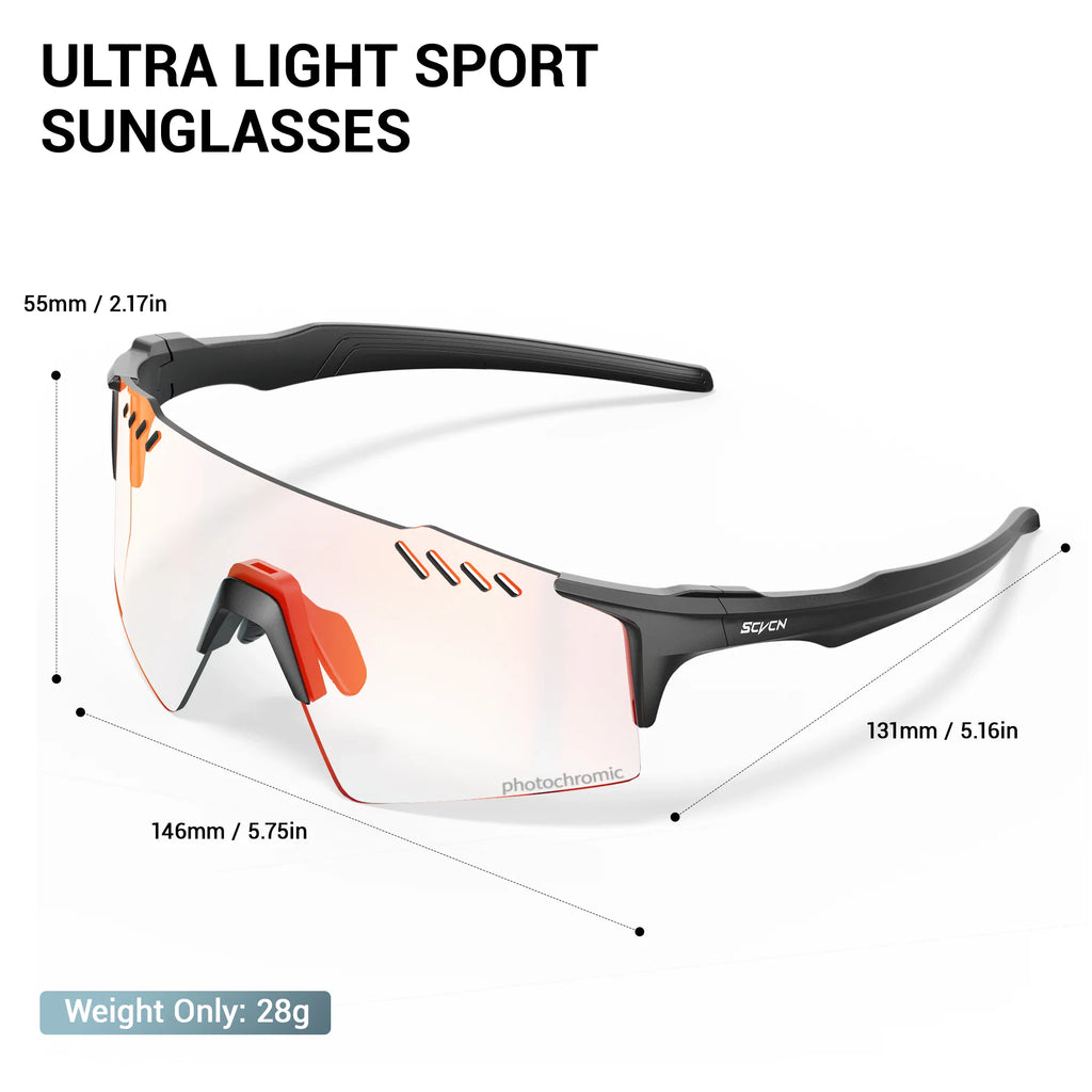 Technical drawing of photochromic cycling sunglasses with dimensions and weight