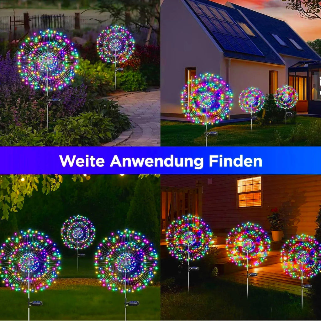 Collage of different garden settings showing various colorful solar firework light installations