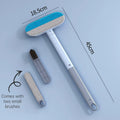Long-handle hair remover tool with two small detachable brush attachments, labeled with dimensions