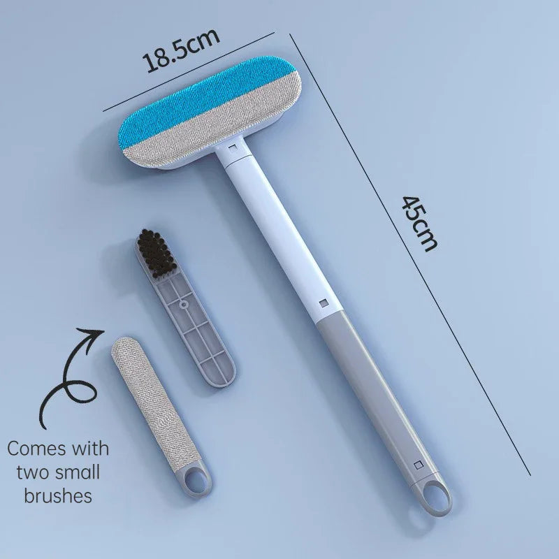 Long-handle hair remover tool with two small detachable brush attachments, labeled with dimensions