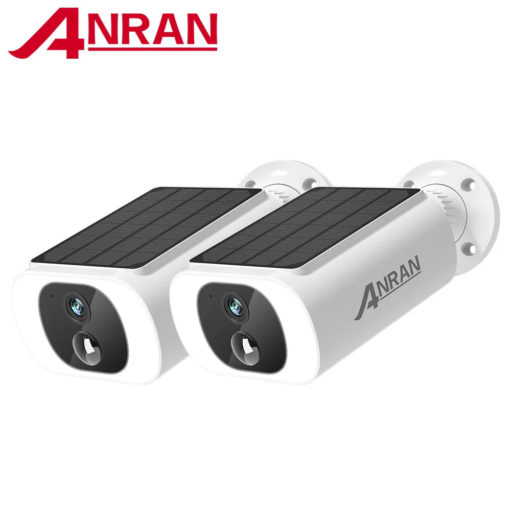White outdoor solar-powered security cameras with floodlights